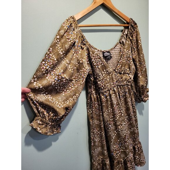 Brown Multicolor Spotted 3/4 Sleeve Empire Waist Flowy Mini Dress Sz M Coquette - Picture 3 of 8